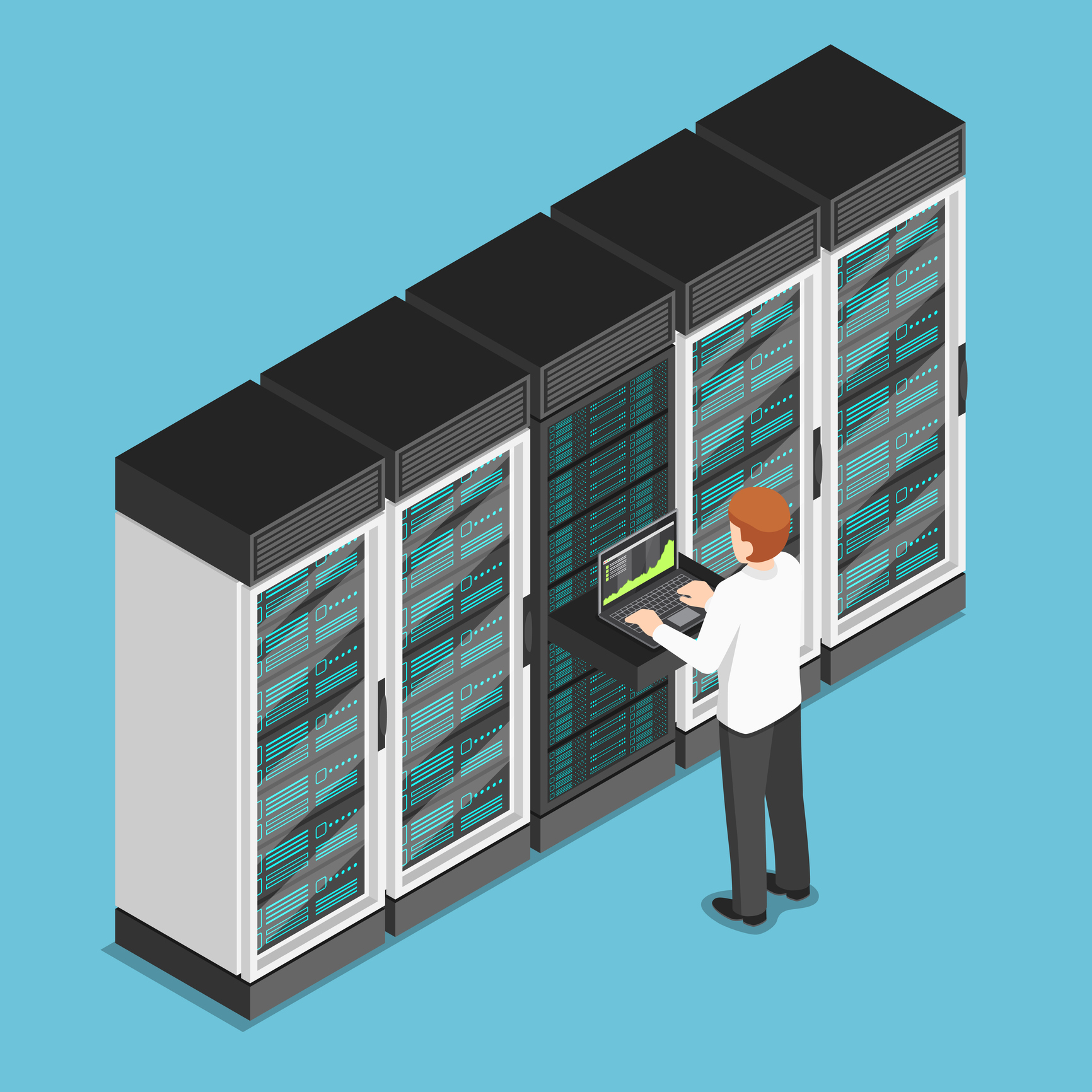 Isometric businessman working on laptop in database center or server room